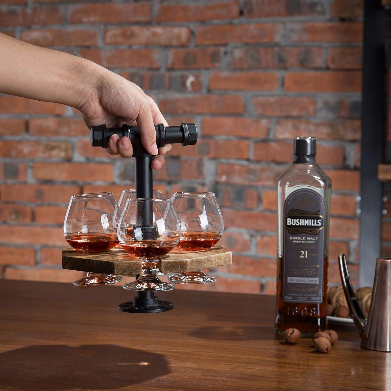 imageMyGift Solid Burnt Wood Serving Beer Whiskey Flight Set Tray with Industrial Black Metal Pipe Carrying Handle and 4 Small Snifter Style Tasting Beer Glasses Set of 2Burnt Wood