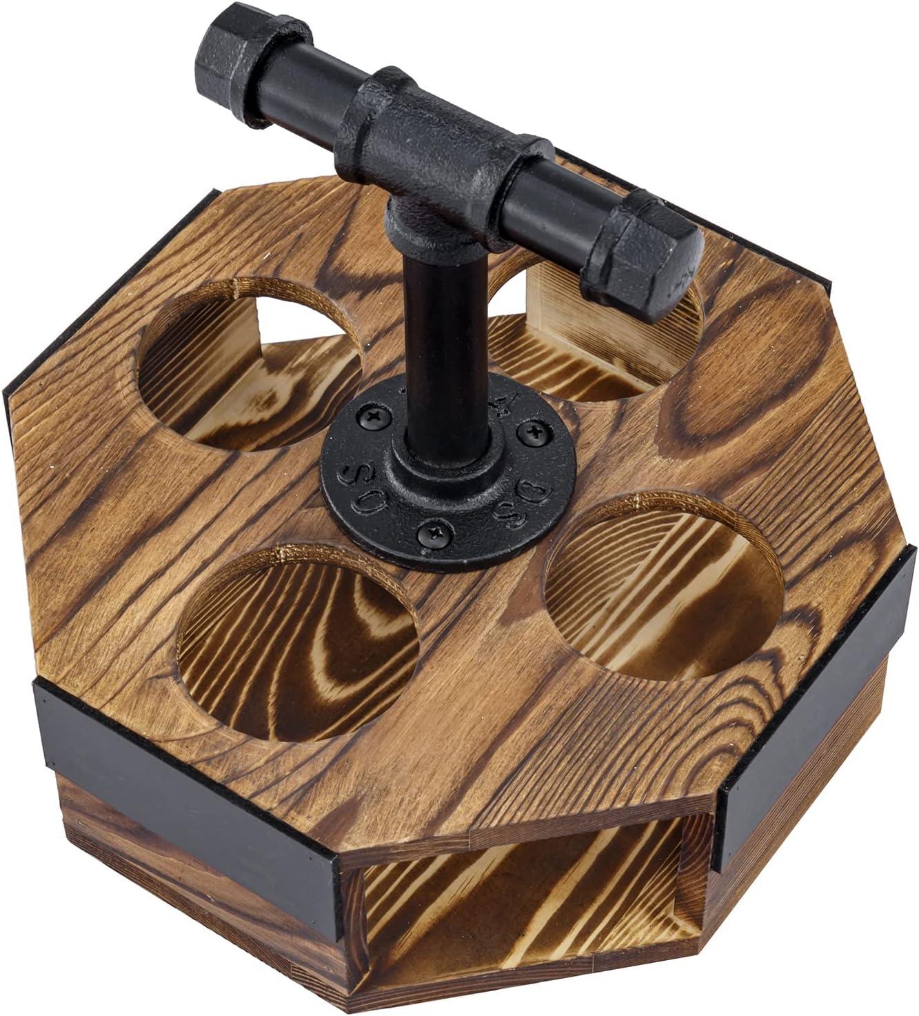 imageMyGift Solid Burnt Wood Serving Beer Whiskey Flight Set Tray with Industrial Black Metal Pipe Carrying Handle and 4 Small Snifter Style Tasting Beer Glasses Set of 2Burnt Solid Wood
