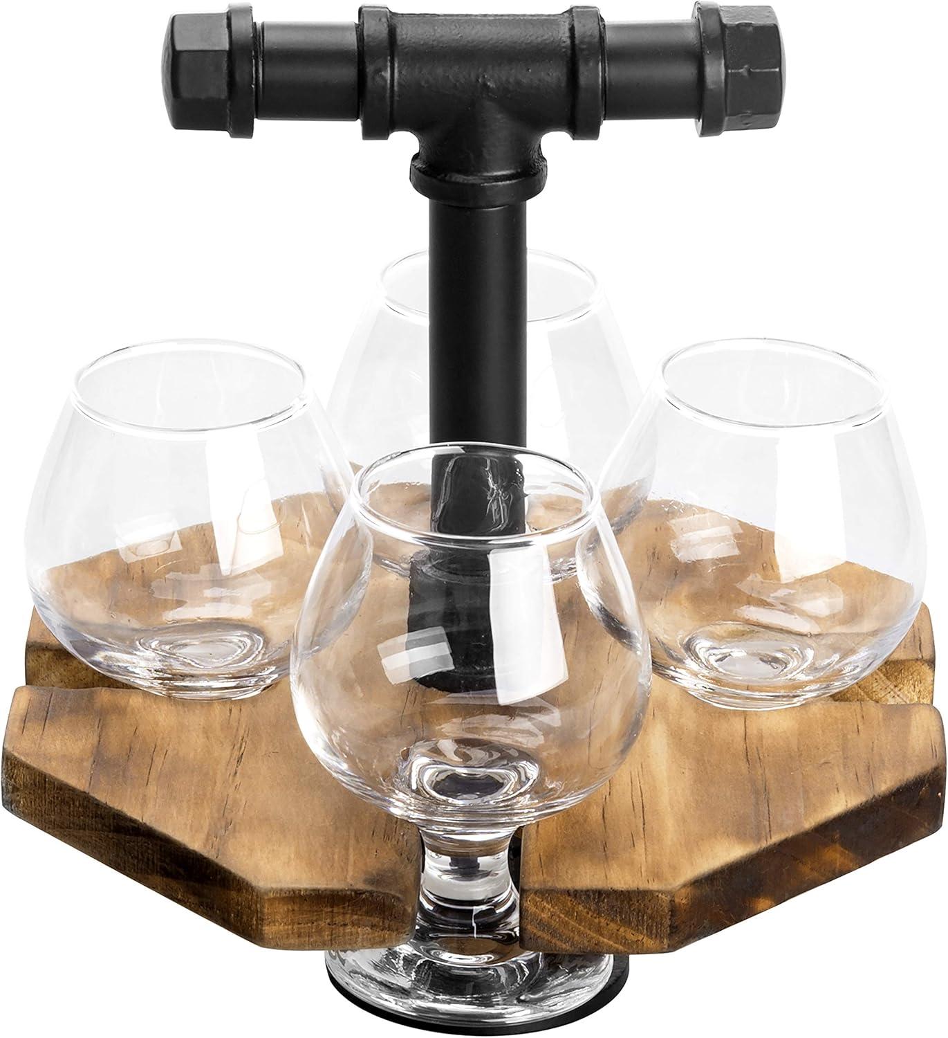 imageMyGift Solid Burnt Wood Serving Beer Whiskey Flight Set Tray with Industrial Black Metal Pipe Carrying Handle and 4 Small Snifter Style Tasting Beer Glasses Set of 2Burnt Wood