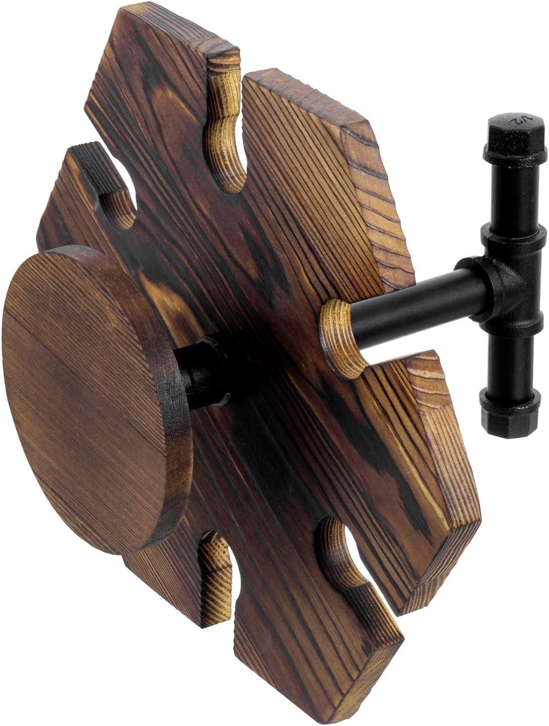 imageMyGift Solid Burnt Wood Serving Beer Whiskey Flight Set Tray with Industrial Black Metal Pipe Carrying Handle and 4 Small Snifter Style Tasting Beer Glasses Set of 2Burnt Wood Black Metal