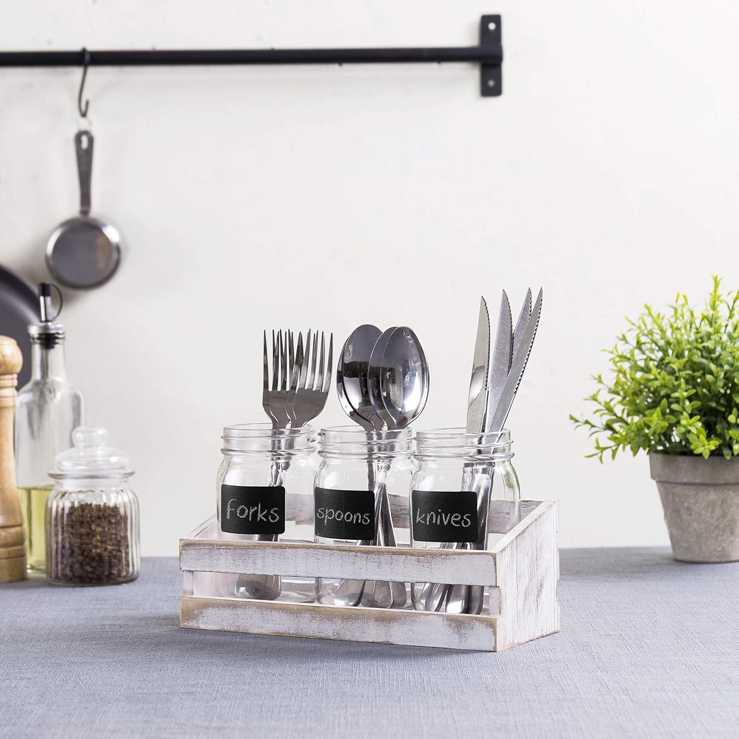 imageMyGift Solid Whitewashed Wood Kitchen Countertop Flatware Utensil Holder Casual Dining Flatware Caddy with 3 Mason Jars and Chalkboard Labels