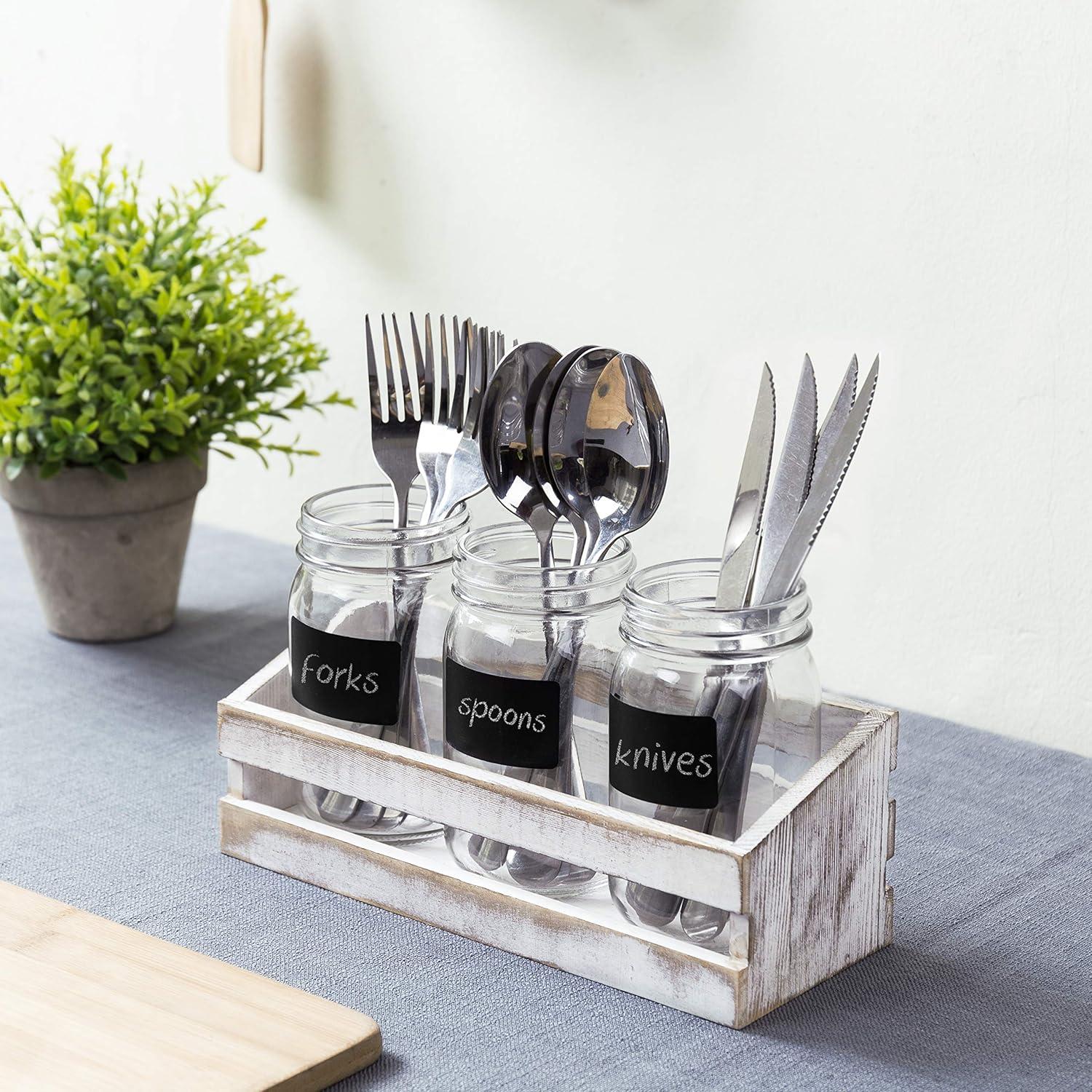 imageMyGift Solid Whitewashed Wood Kitchen Countertop Flatware Utensil Holder Casual Dining Flatware Caddy with 3 Mason Jars and Chalkboard Labels