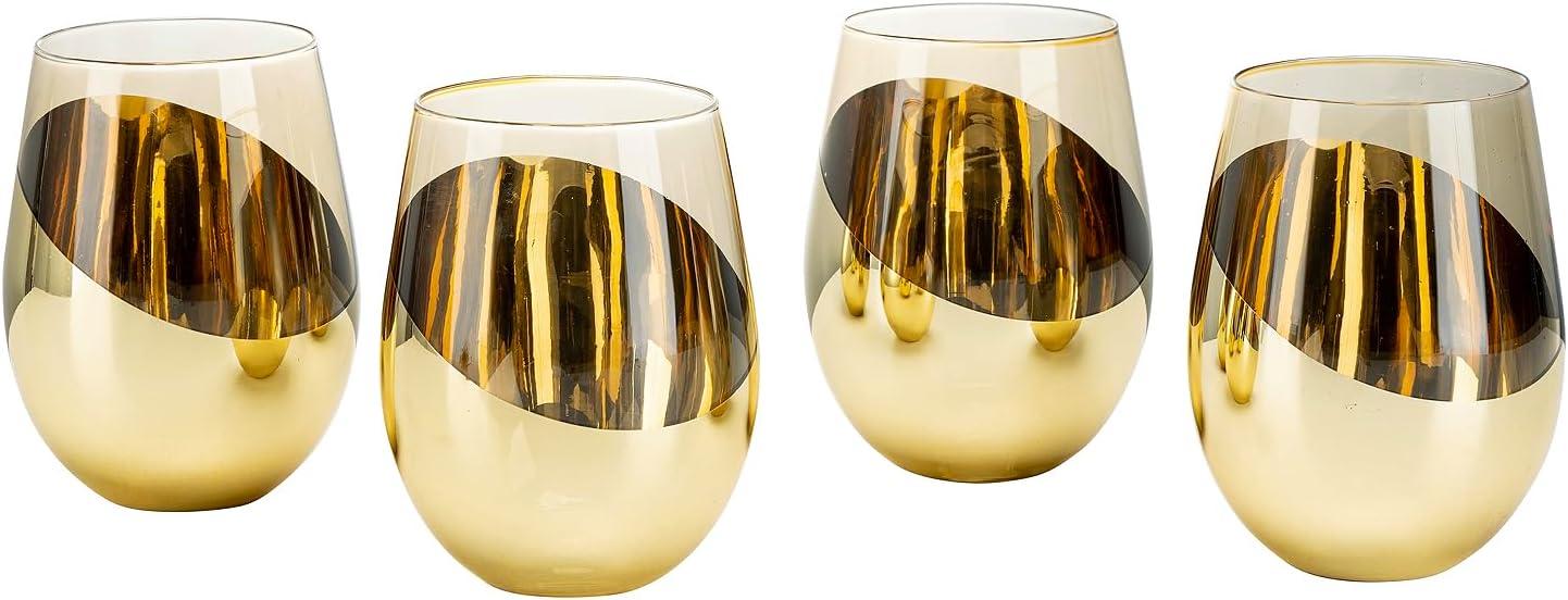imageMyGift Stemless Wine Glasses Set of 4 Copper Accent Modern Barware Elegant Wedding ampamp Celebration Cups with Luxe Metallic Finish Dishwasher SafeAmber Gold4