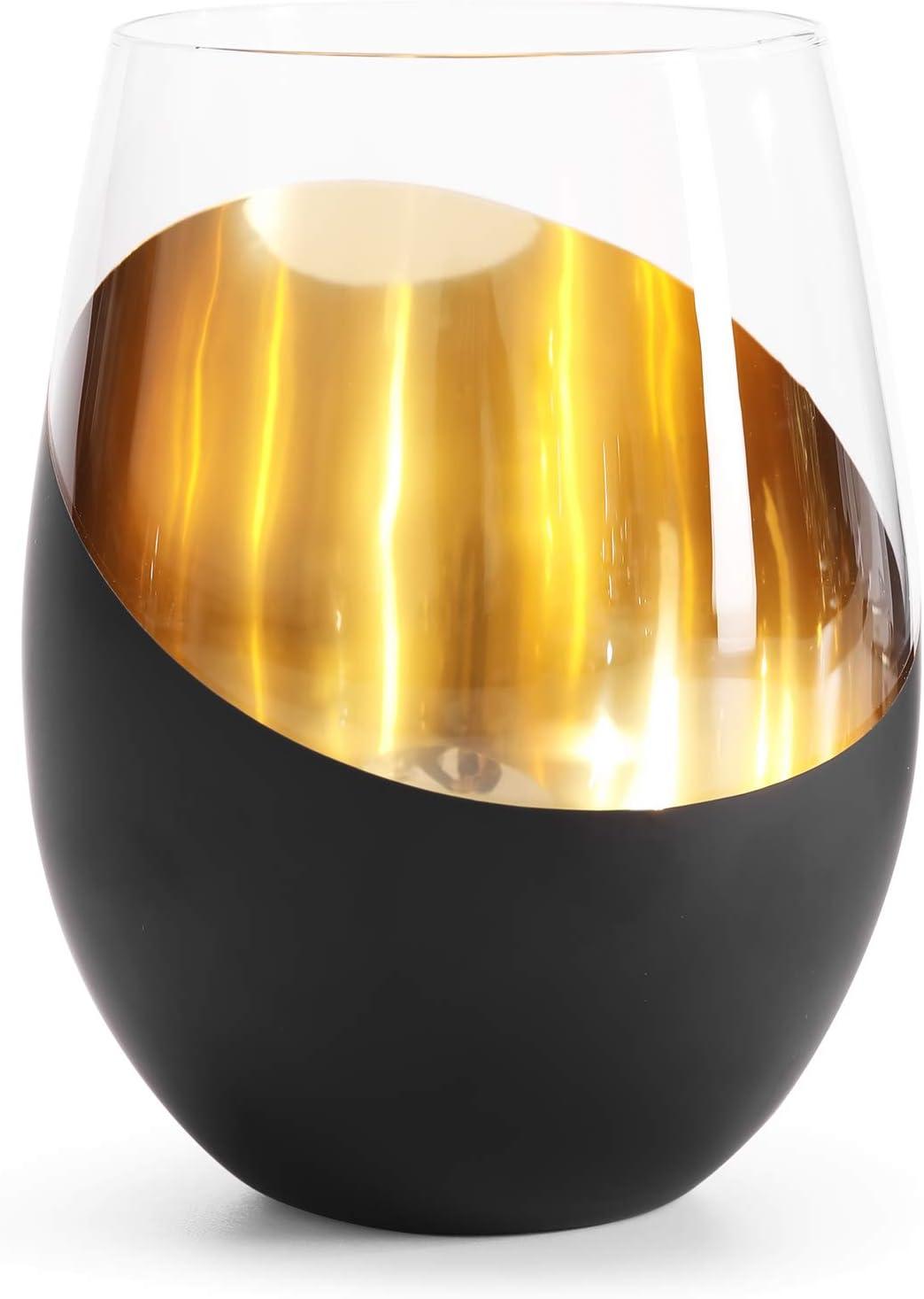 imageMyGift Stemless Wine Glasses Set of 4 Copper Accent Modern Barware Elegant Wedding ampamp Celebration Cups with Luxe Metallic Finish Dishwasher SafeBlack Set of 6