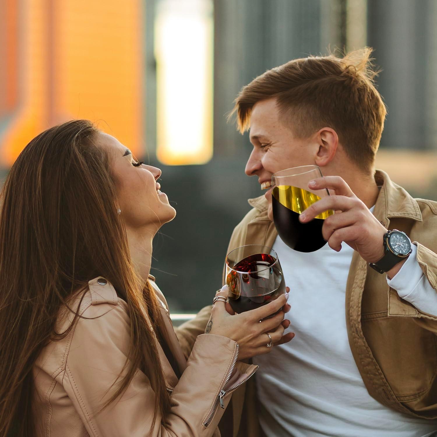 imageMyGift Stemless Wine Glasses Set of 4 Copper Accent Modern Barware Elegant Wedding ampamp Celebration Cups with Luxe Metallic Finish Dishwasher SafeBlack Set of 4