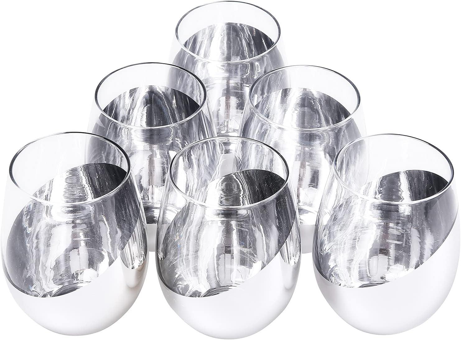 imageMyGift Stemless Wine Glasses Set of 4 Copper Accent Modern Barware Elegant Wedding ampamp Celebration Cups with Luxe Metallic Finish Dishwasher SafeSilver Set of 6