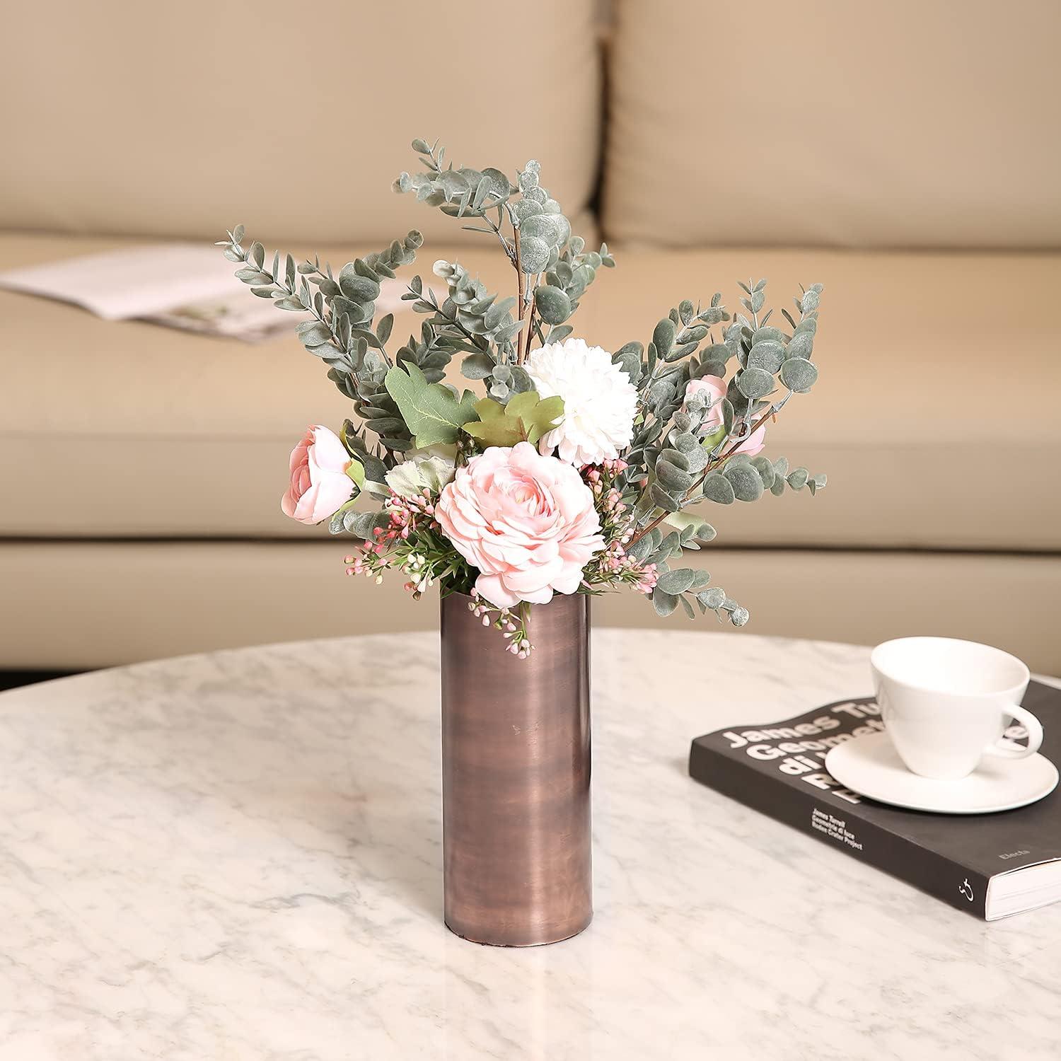 imageMyGift Tall Modern Vintage Metal Tabletop Flower Vase in BronzeTone Finish Cylindrical Wedding Centerpiece Floral Vase for Faux Floral Stems and Reeds 3 Piece Set Handcrafted in India