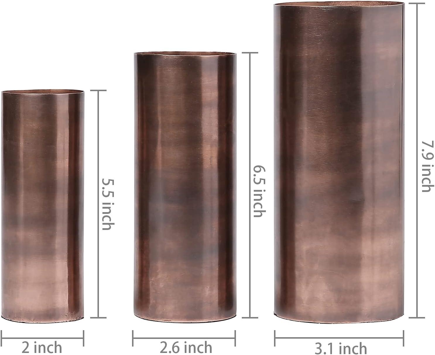 imageMyGift Tall Modern Vintage Metal Tabletop Flower Vase in BronzeTone Finish Cylindrical Wedding Centerpiece Floral Vase for Faux Floral Stems and Reeds 3 Piece Set Handcrafted in India