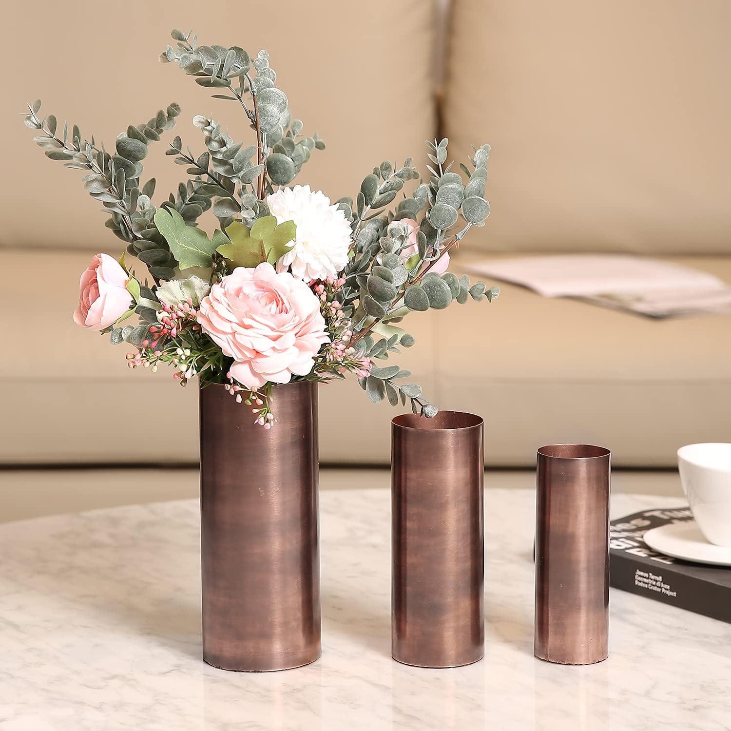 imageMyGift Tall Modern Vintage Metal Tabletop Flower Vase in BronzeTone Finish Cylindrical Wedding Centerpiece Floral Vase for Faux Floral Stems and Reeds 3 Piece Set Handcrafted in India