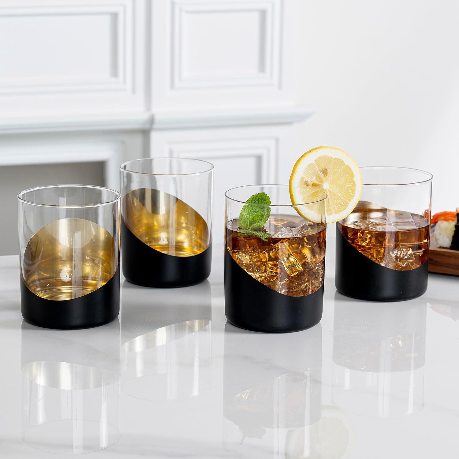 imageMyGift Tilted Crystal Whiskey Glasses Set of 4 Tumblers Old Fashioned Scotch ampamp Bourbon Glass Includes Gift BoxBlack Gold