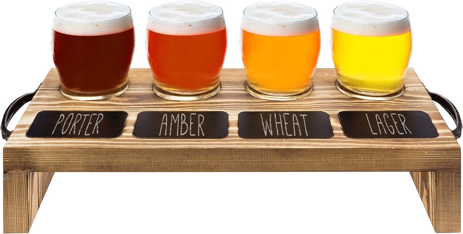 imageMyGift Torched Solid Wood Tasting Beer Glass Gift Set with 4 Tasting Beer Glasses and Serving Tray with Erasable Chalkboard Label BrownBrown