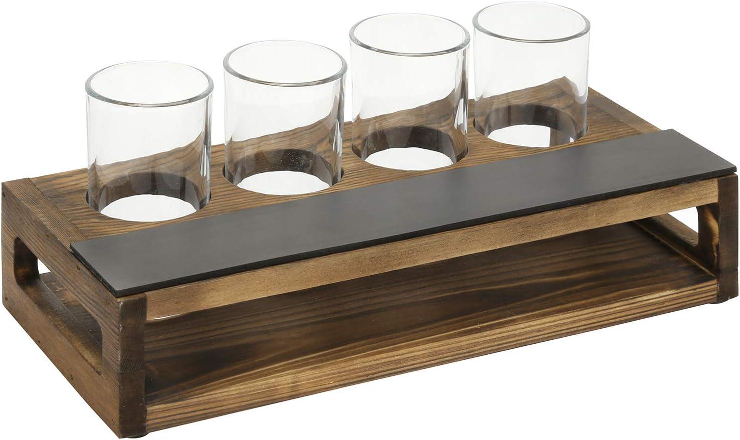 imageMyGift Torched Solid Wood Tasting Beer Glass Gift Set with 4 Tasting Beer Glasses and Serving Tray with Erasable Chalkboard Label BrownBurnt Wood