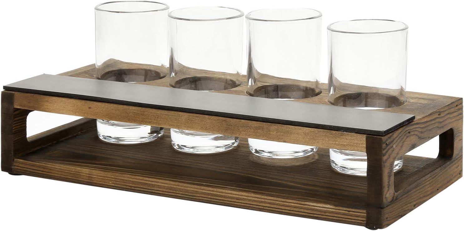 imageMyGift Torched Solid Wood Tasting Beer Glass Gift Set with 4 Tasting Beer Glasses and Serving Tray with Erasable Chalkboard Label BrownBurnt Wood