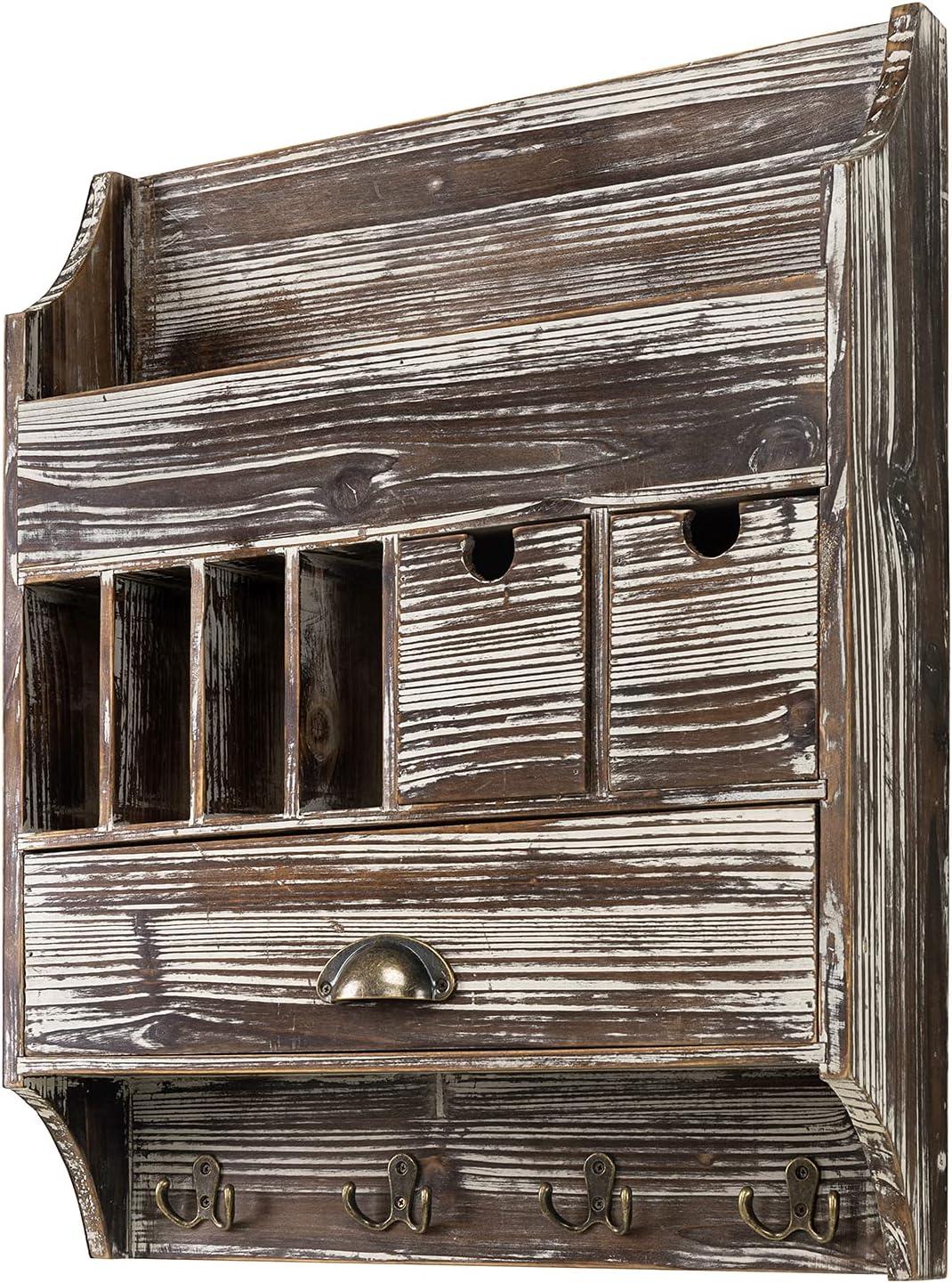 imageMyGift Torched Wood Wall Mounted Entryway Organizer with Mail Holder and Multiple Accessories Storage Compartments Pull Out Drawers and 4 Dual Key Hooks