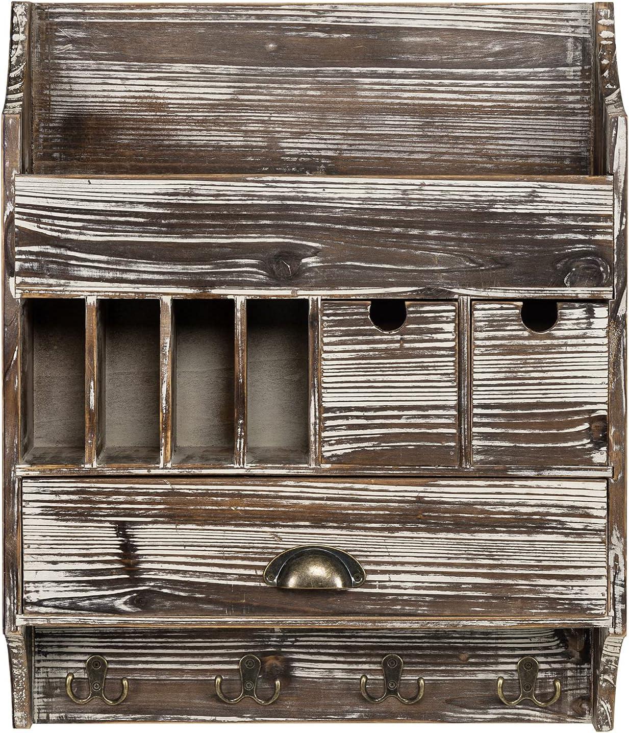 imageMyGift Torched Wood Wall Mounted Entryway Organizer with Mail Holder and Multiple Accessories Storage Compartments Pull Out Drawers and 4 Dual Key Hooks