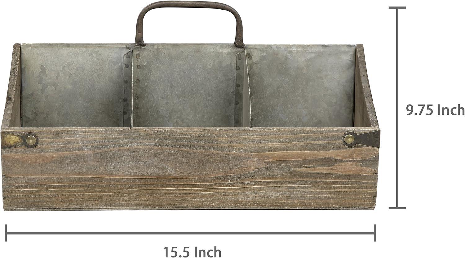 imageMyGift Vintage Brown Solid Wood Home Storage Crate Organizer Caddy with 6 Compartments and Galvanized Zinc Metal Dividers and Handle