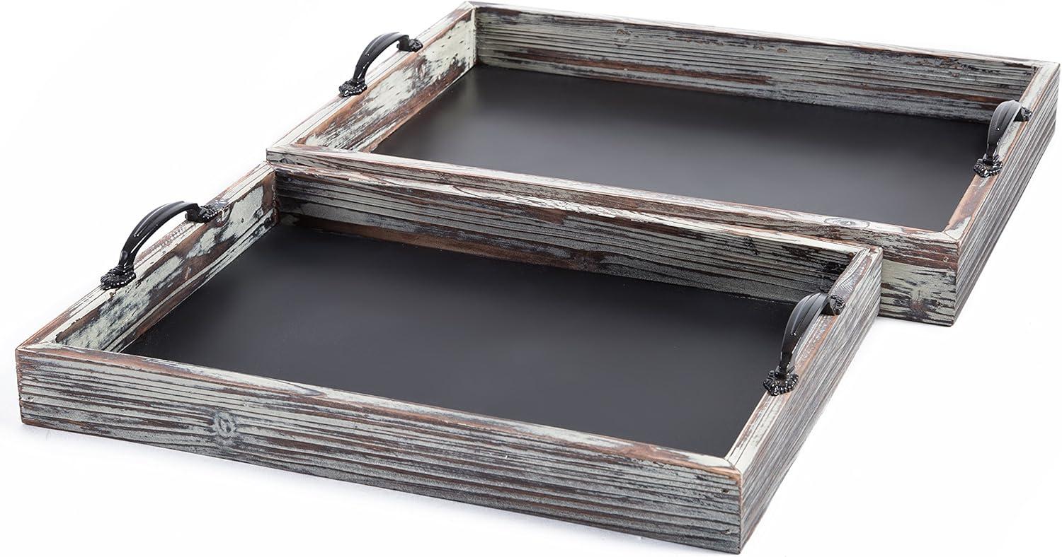 imageMyGift Vintage Brown Wood Large Decorative Serving Tray with Metal Handles and Chalkboard Surface Nesting Coffee Table Breakfast Trays 2Piece Set