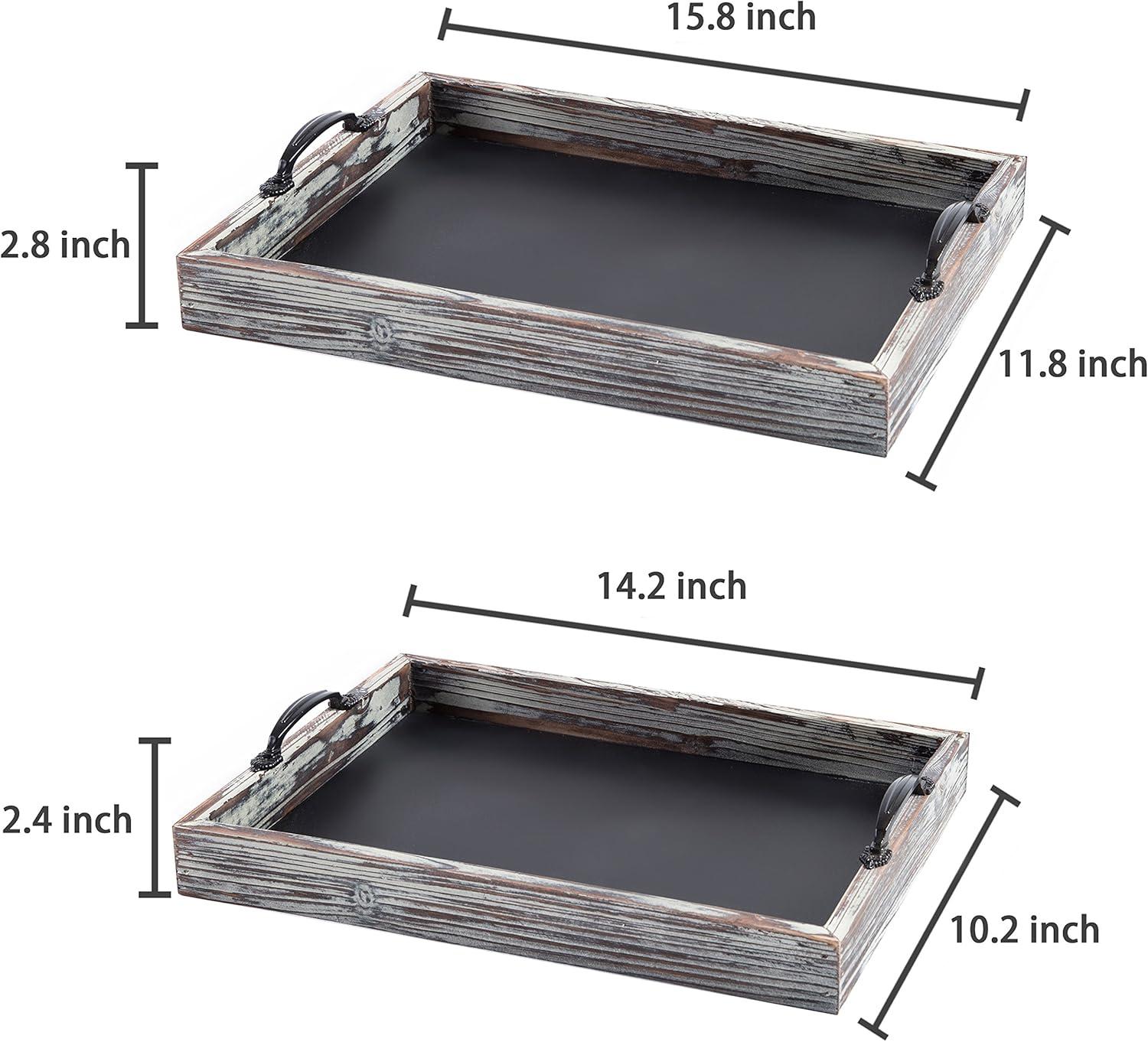 imageMyGift Vintage Brown Wood Large Decorative Serving Tray with Metal Handles and Chalkboard Surface Nesting Coffee Table Breakfast Trays 2Piece Set