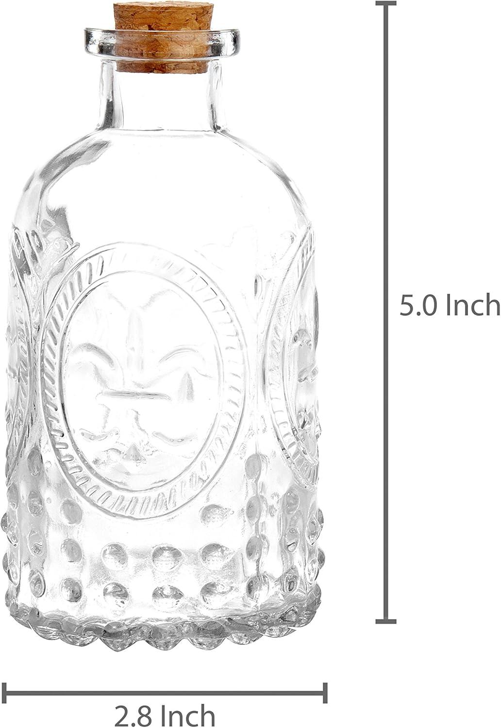 imageMyGift Vintage Embossed Clear Glass Bottle Apothecary Style Flower Bud Vase Essential Oil Diffuser Bottles with Cork Lid Set of 2