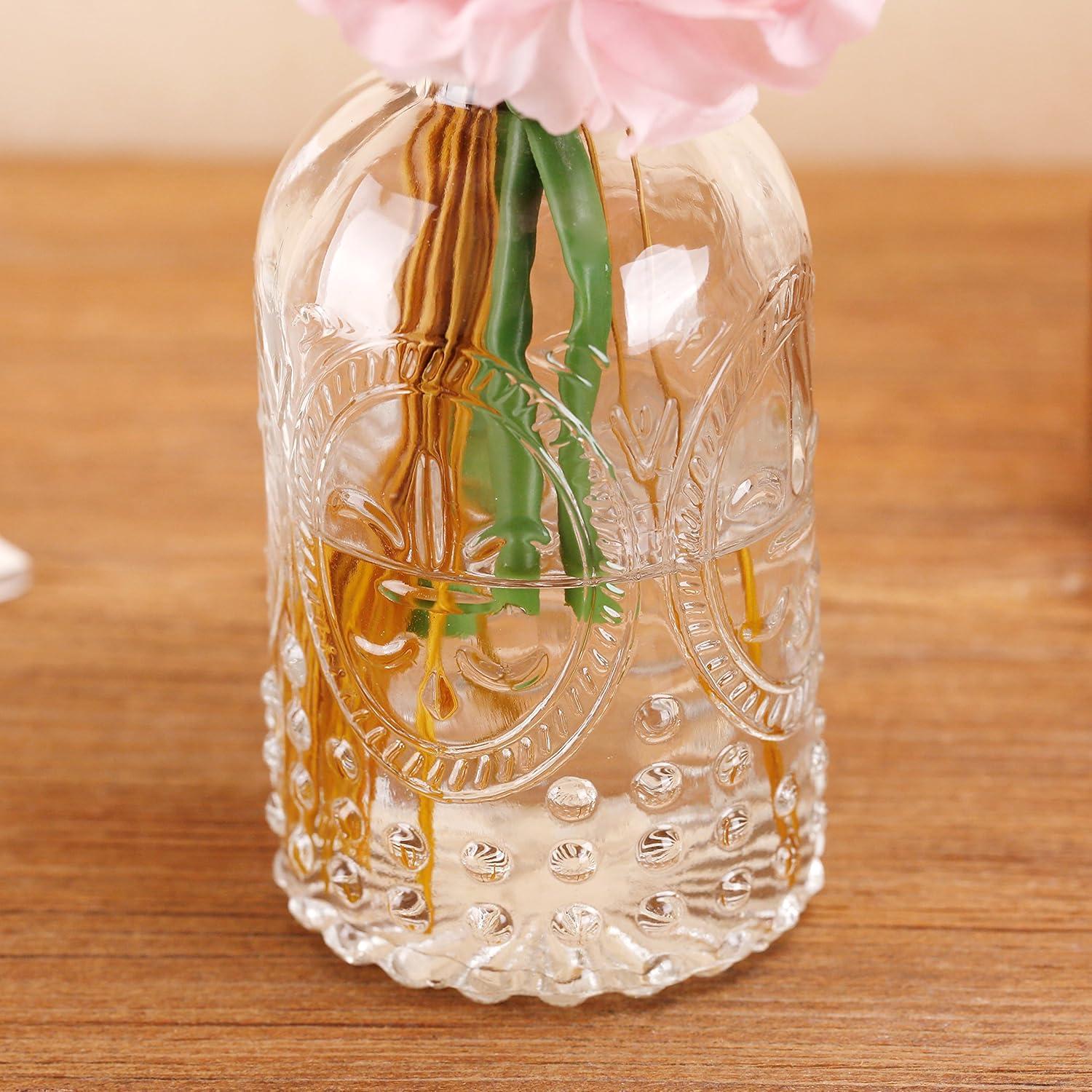 imageMyGift Vintage Embossed Clear Glass Bottle Apothecary Style Flower Bud Vase Essential Oil Diffuser Bottles with Cork Lid Set of 2
