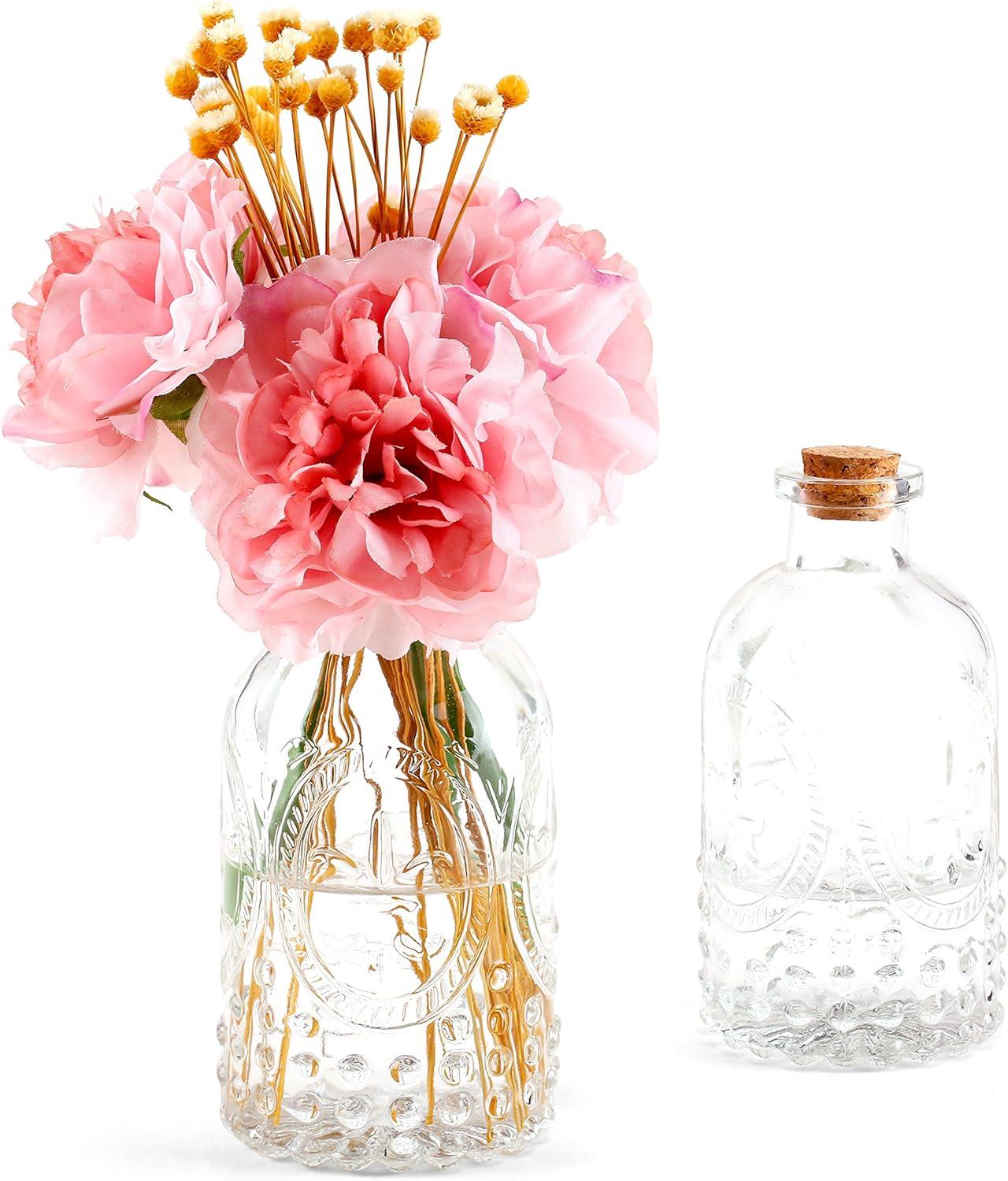 imageMyGift Vintage Embossed Clear Glass Bottle Apothecary Style Flower Bud Vase Essential Oil Diffuser Bottles with Cork Lid Set of 2