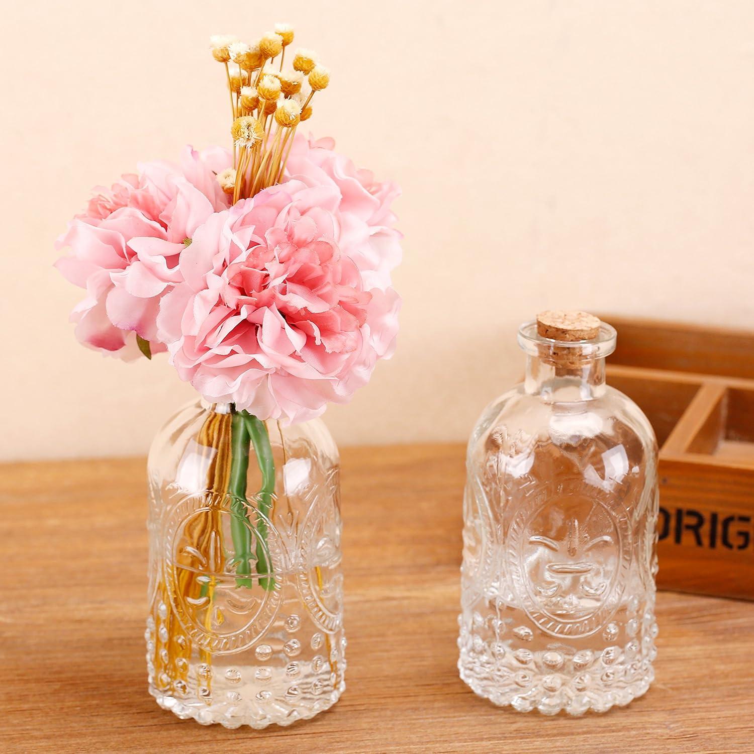 imageMyGift Vintage Embossed Clear Glass Bottle Apothecary Style Flower Bud Vase Essential Oil Diffuser Bottles with Cork Lid Set of 2