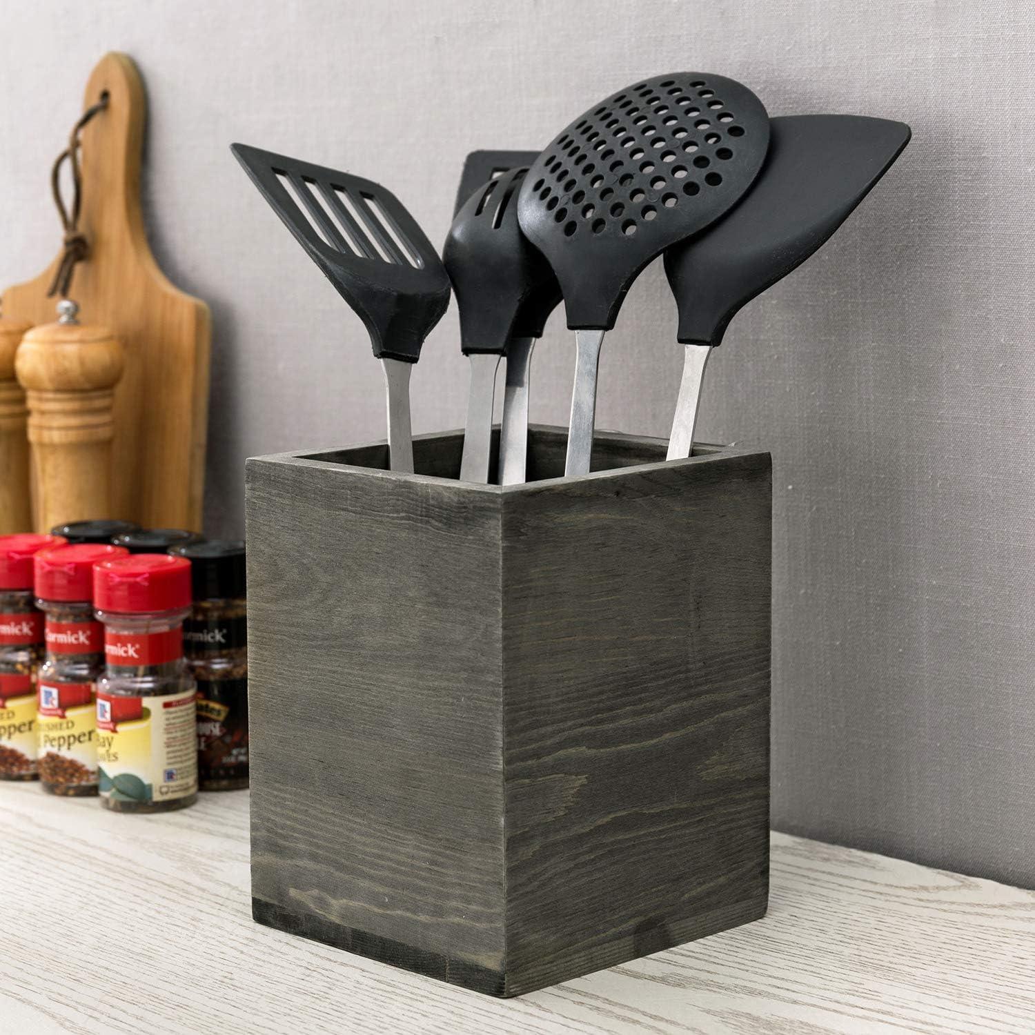 imageMyGift Vintage Gray Solid Wood Kitchen Countertop Utensil Holder Cooking Utensil Crock and Flatware Storage CaddyGray