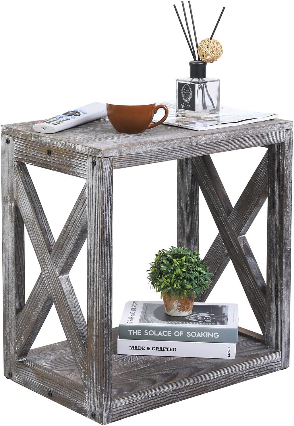 imageMyGift Vintage Gray Solid Wood Small End TableSide TableNight StandBedside Table with X Design and Bottom Storage Shelf Decorative Sturdy NightstandVintage Gray