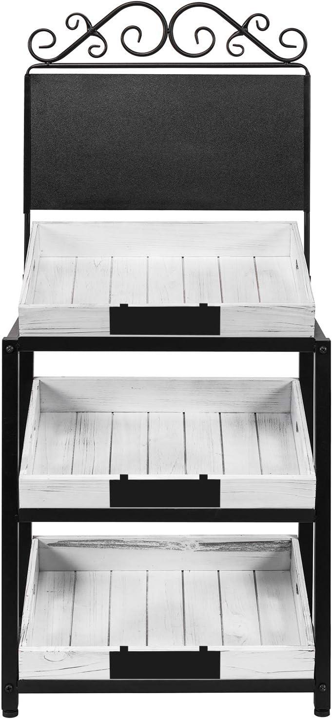 imageMyGift Vintage Whitewashed Wood and Metal 3 Tiered Produce Stand with Chalkboard Sign and Decorative Scrollwork Design