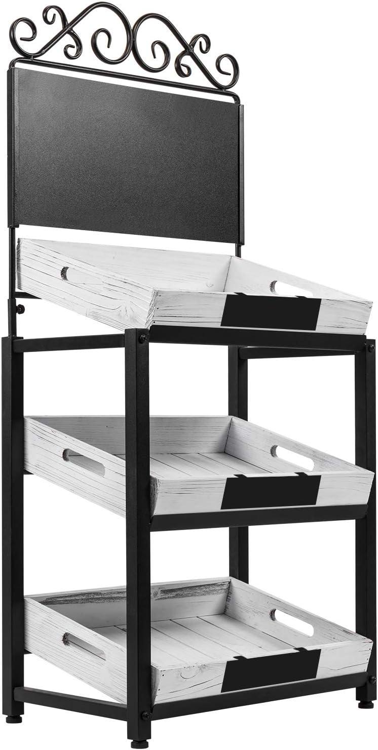 imageMyGift Vintage Whitewashed Wood and Metal 3 Tiered Produce Stand with Chalkboard Sign and Decorative Scrollwork Design
