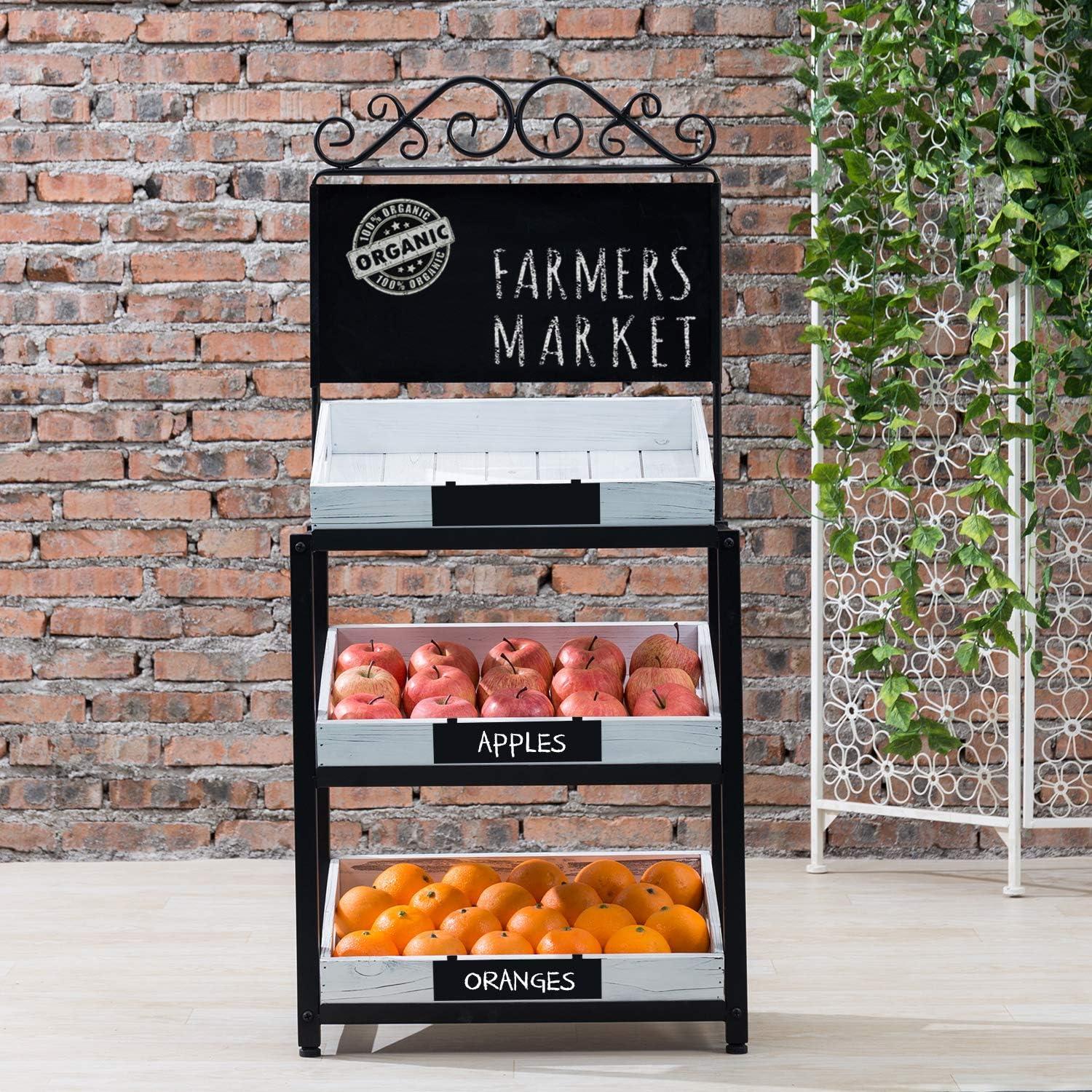 imageMyGift Vintage Whitewashed Wood and Metal 3 Tiered Produce Stand with Chalkboard Sign and Decorative Scrollwork Design