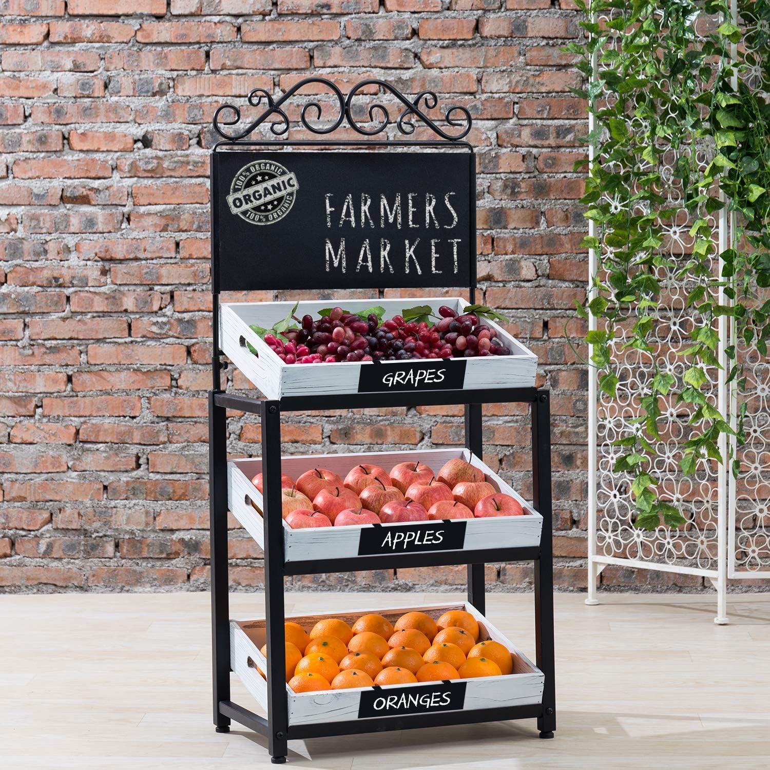 imageMyGift Vintage Whitewashed Wood and Metal 3 Tiered Produce Stand with Chalkboard Sign and Decorative Scrollwork Design