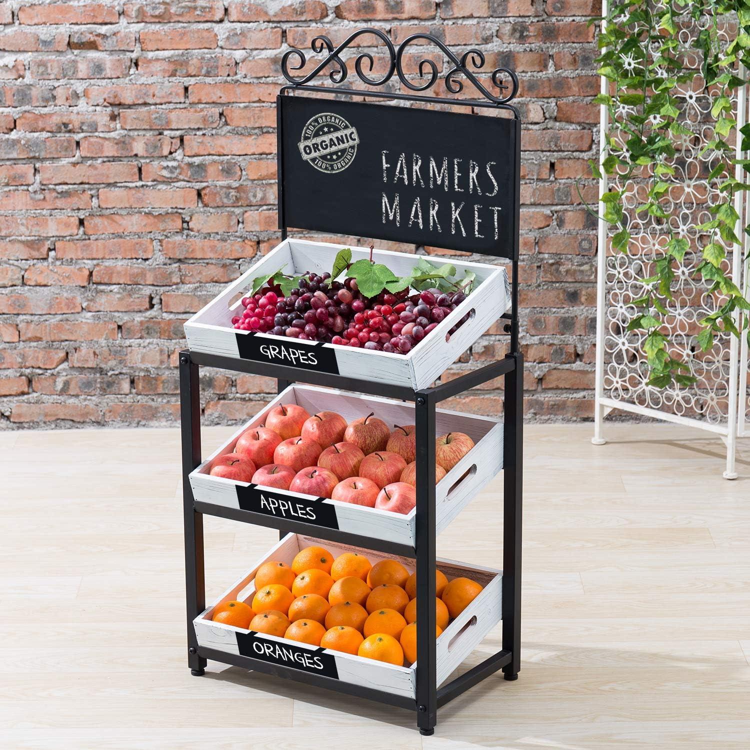 imageMyGift Vintage Whitewashed Wood and Metal 3 Tiered Produce Stand with Chalkboard Sign and Decorative Scrollwork Design