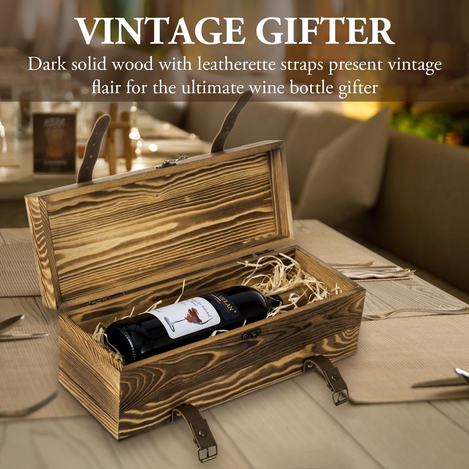 imageMyGift Vintage Wooden Wine Gift Box Single Bottle Holder with Locking Latch ampamp Leather Straps Rustic Brown Wedding Champagne Beer 14x5x5 Inches