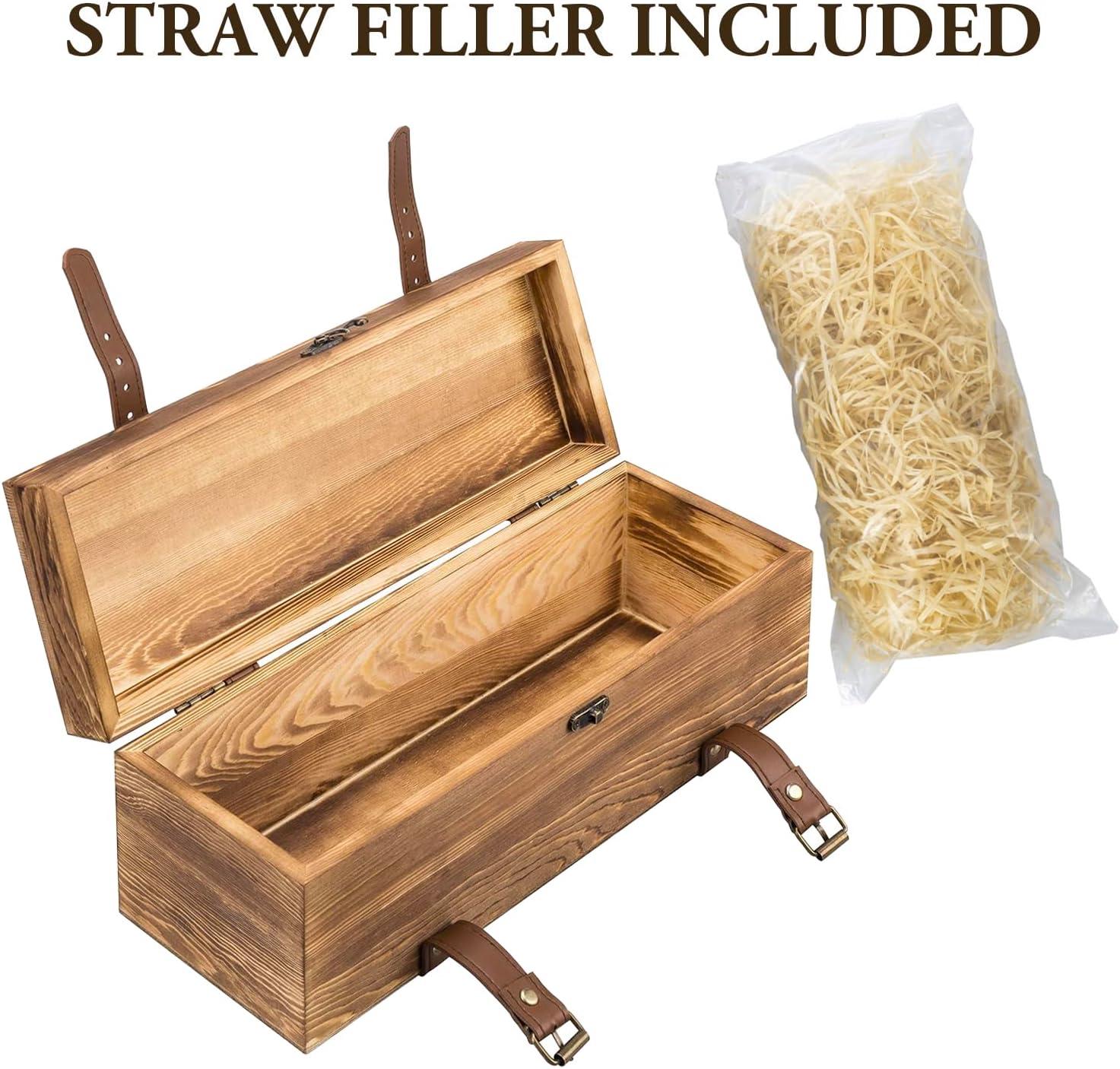 imageMyGift Vintage Wooden Wine Gift Box Single Bottle Holder with Locking Latch ampamp Leather Straps Rustic Brown Wedding Champagne Beer 14x5x5 Inches