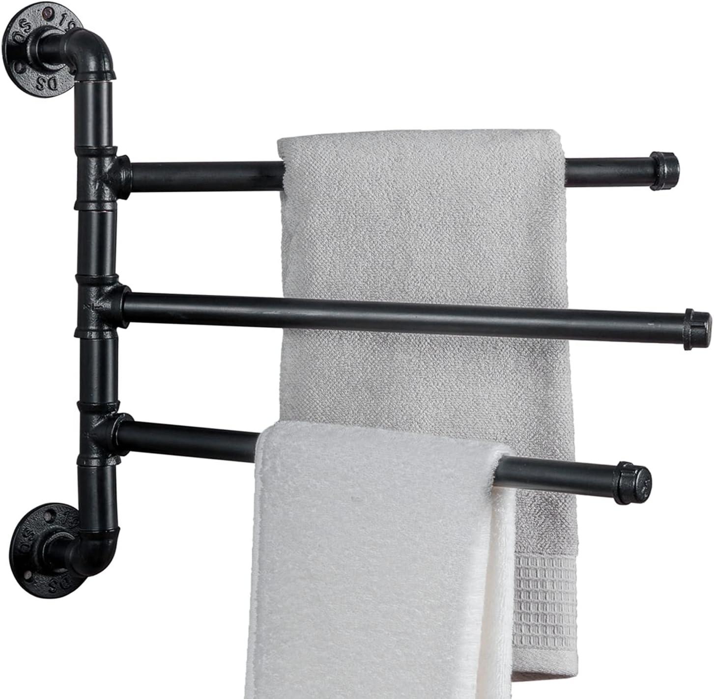 imageMyGift Wall Mounted Bathroom Towel Rack Metal Industrial Pipe Design Swivel 3 Bar Towel Rack Matte BlackBlack