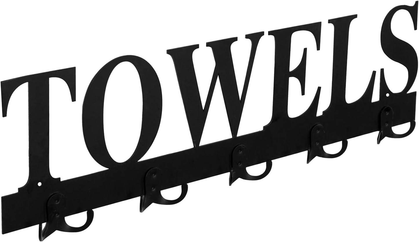 imageMyGift Wall Mounted Black Metal Towel Rack with 5 Dual Hooks and Cut Out Towels Design Decorative Hanging Towel HooksBlack