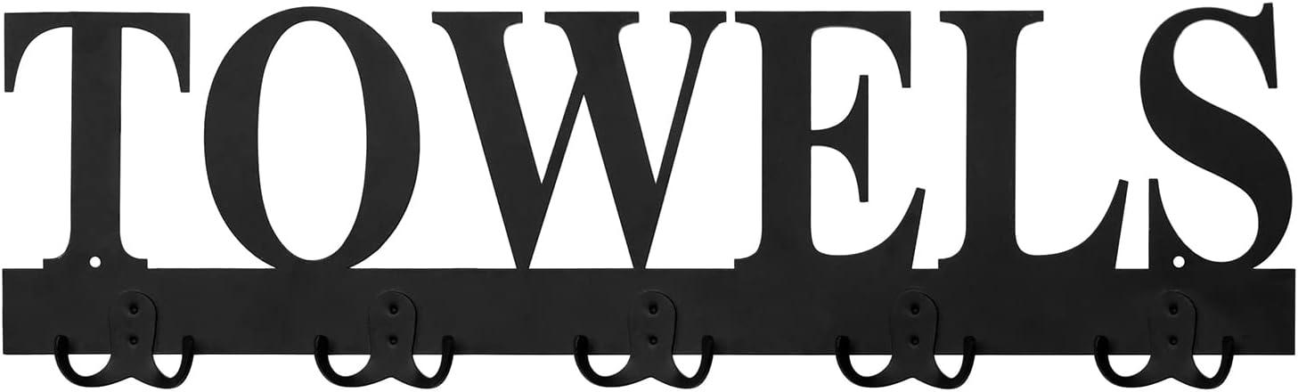 imageMyGift Wall Mounted Black Metal Towel Rack with 5 Dual Hooks and Cut Out Towels Design Decorative Hanging Towel HooksBlack