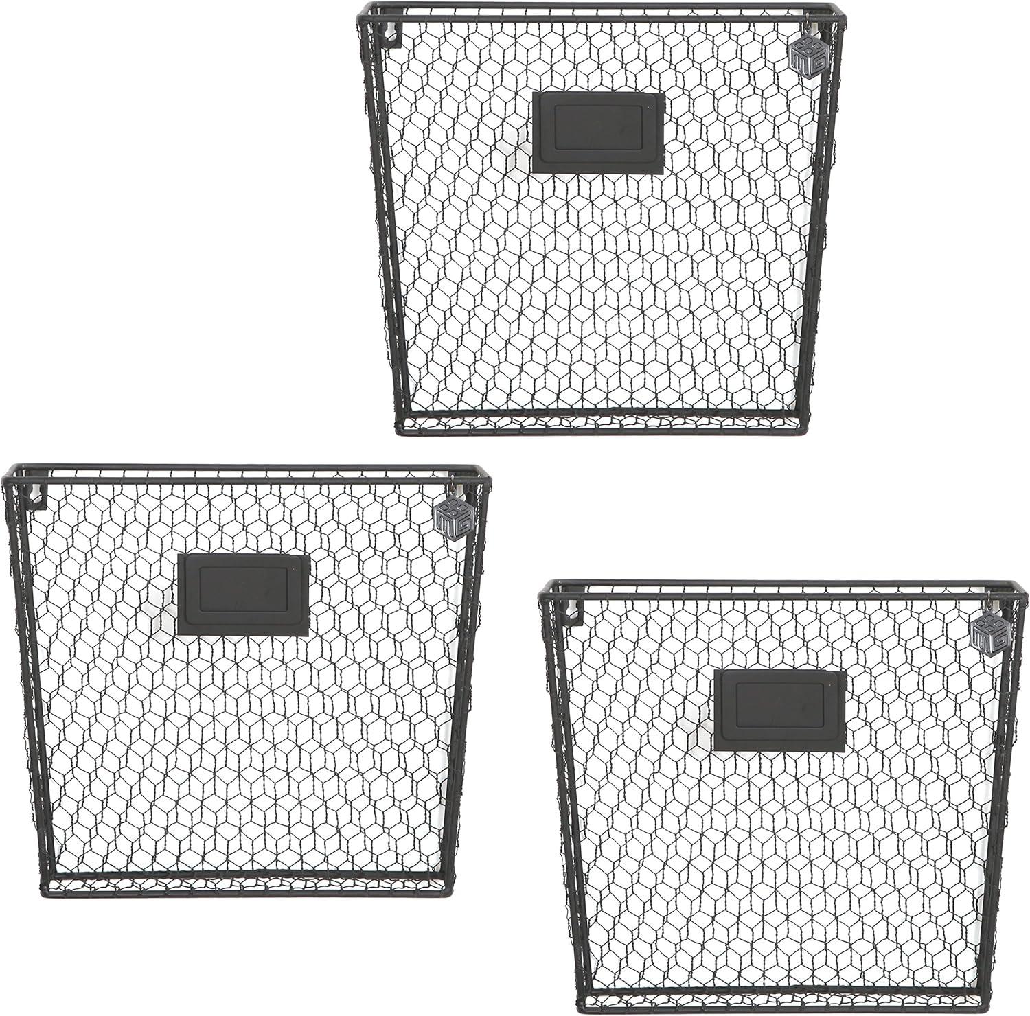 imageMyGift Wall Mounted Magazine Holder Rustic Black Metal Wire Mail Holder and Document File Storage Organizer with Erasable Chalkboard Labels Set of 3Black Set of 3