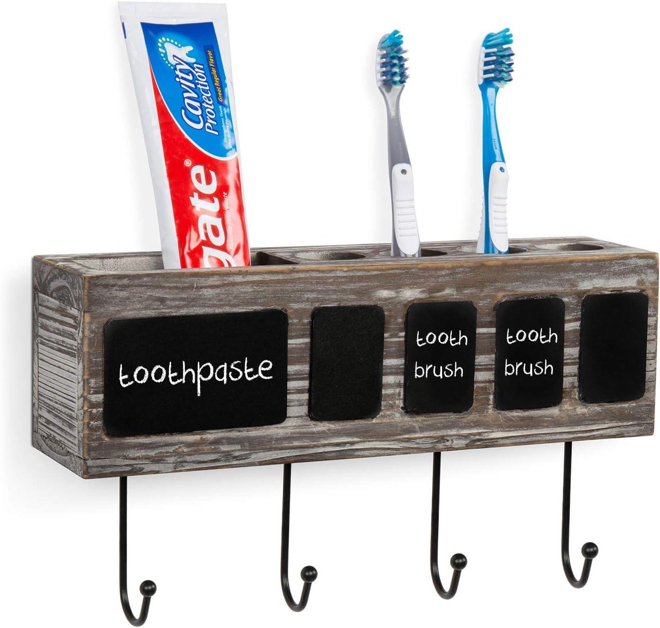 imageMyGift Wall Mounted Solid Torched Wood Bathroom Accessory Holder and Towel Hook Rack Toothbrush Holder Shelf Rack with 4 Compartments Chalkboard Labels and 4 HooksTorched Wood