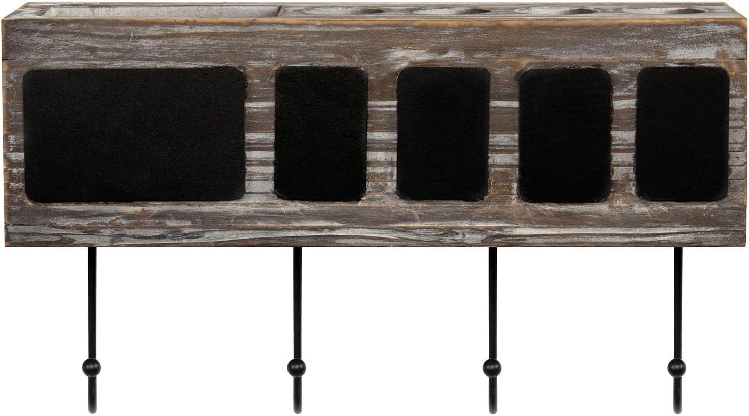 imageMyGift Wall Mounted Solid Torched Wood Bathroom Accessory Holder and Towel Hook Rack Toothbrush Holder Shelf Rack with 4 Compartments Chalkboard Labels and 4 HooksTorched Wood