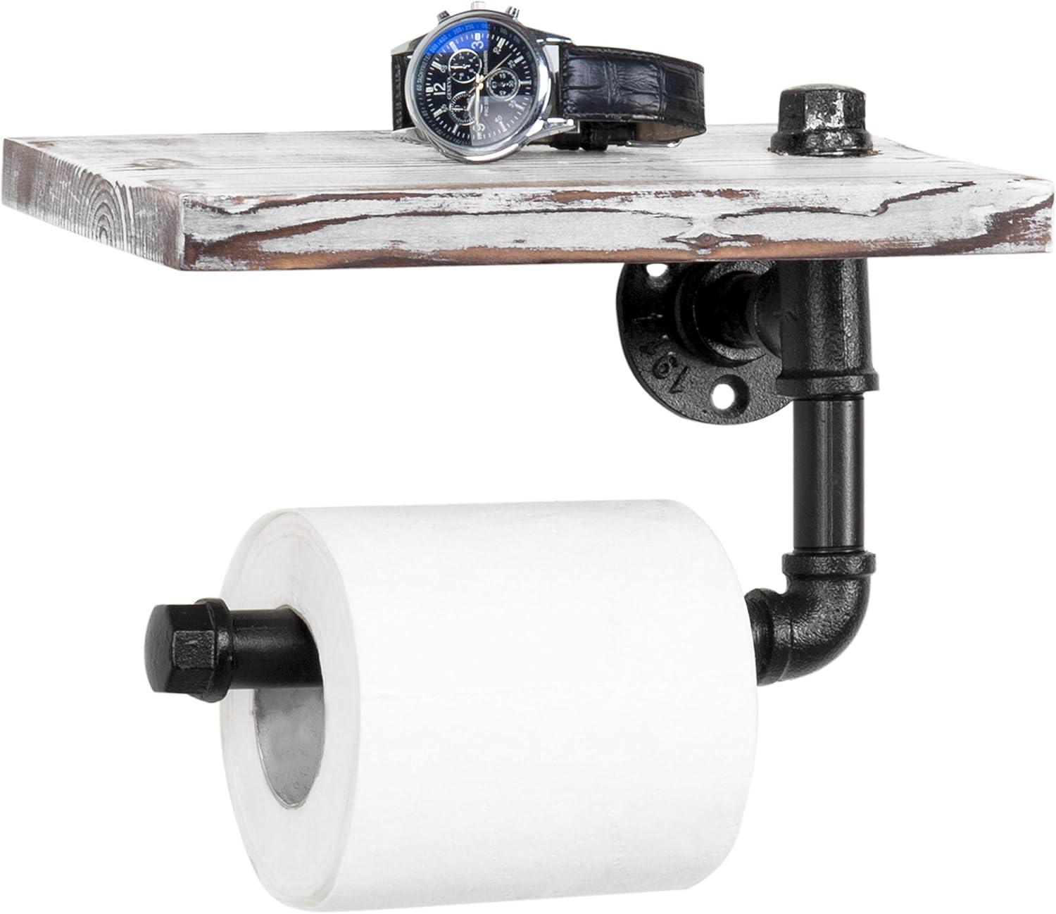 imageMyGift Wall Mounted Toilet Paper Holder with Industrial Metal Pipe Bar and Whitewashed Solid Wood Floating Display Shelf