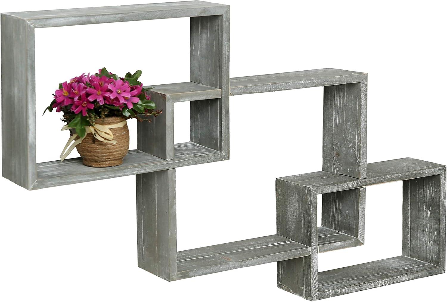 imageMyGift Wall Mounted Weathered Gray Wood Interlocking Floating Shelves Shadow Box Display Wall Shelf Set of 3