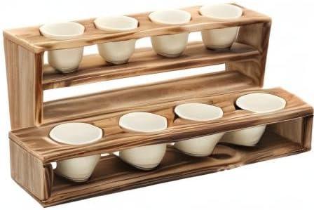 imageMyGift White Ceramic Mini Plant Pot with Rustic Burnt Wood Tiered Stand Succulent Garden Pots with Tray Set for Office Desk Home Decor 10 Piece Set 8 Planters and 2 Stands