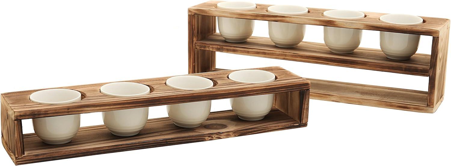 imageMyGift White Ceramic Mini Plant Pot with Rustic Burnt Wood Tiered Stand Succulent Garden Pots with Tray Set for Office Desk Home Decor 10 Piece Set 8 Planters and 2 Stands