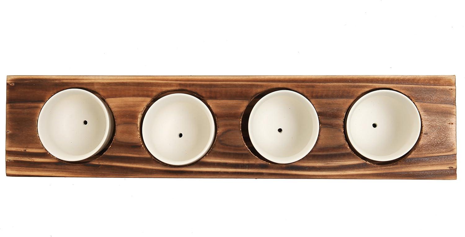 imageMyGift White Ceramic Mini Plant Pot with Rustic Burnt Wood Tiered Stand Succulent Garden Pots with Tray Set for Office Desk Home Decor 10 Piece Set 8 Planters and 2 Stands