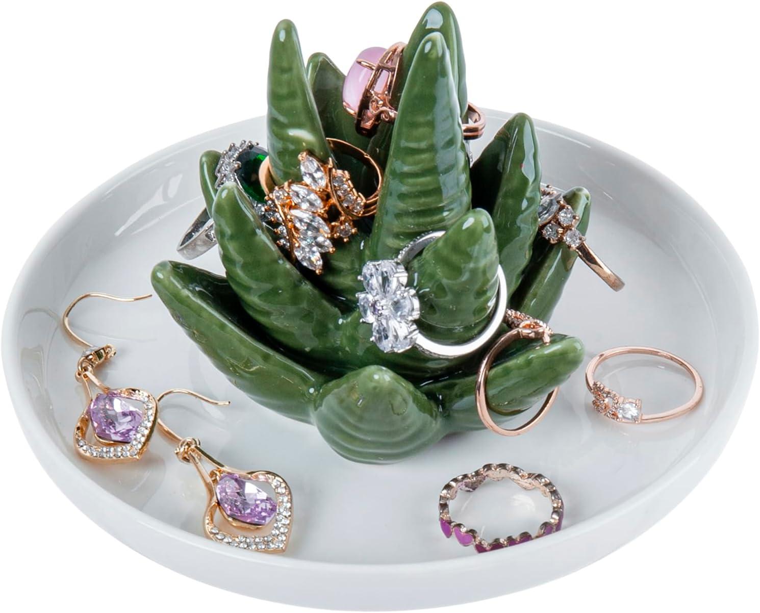 imageMyGift White Ceramic Ring Dish Holder Jewelry Engagement Ring Holder Trinket Tray with Gold TrimCeramic Aloe