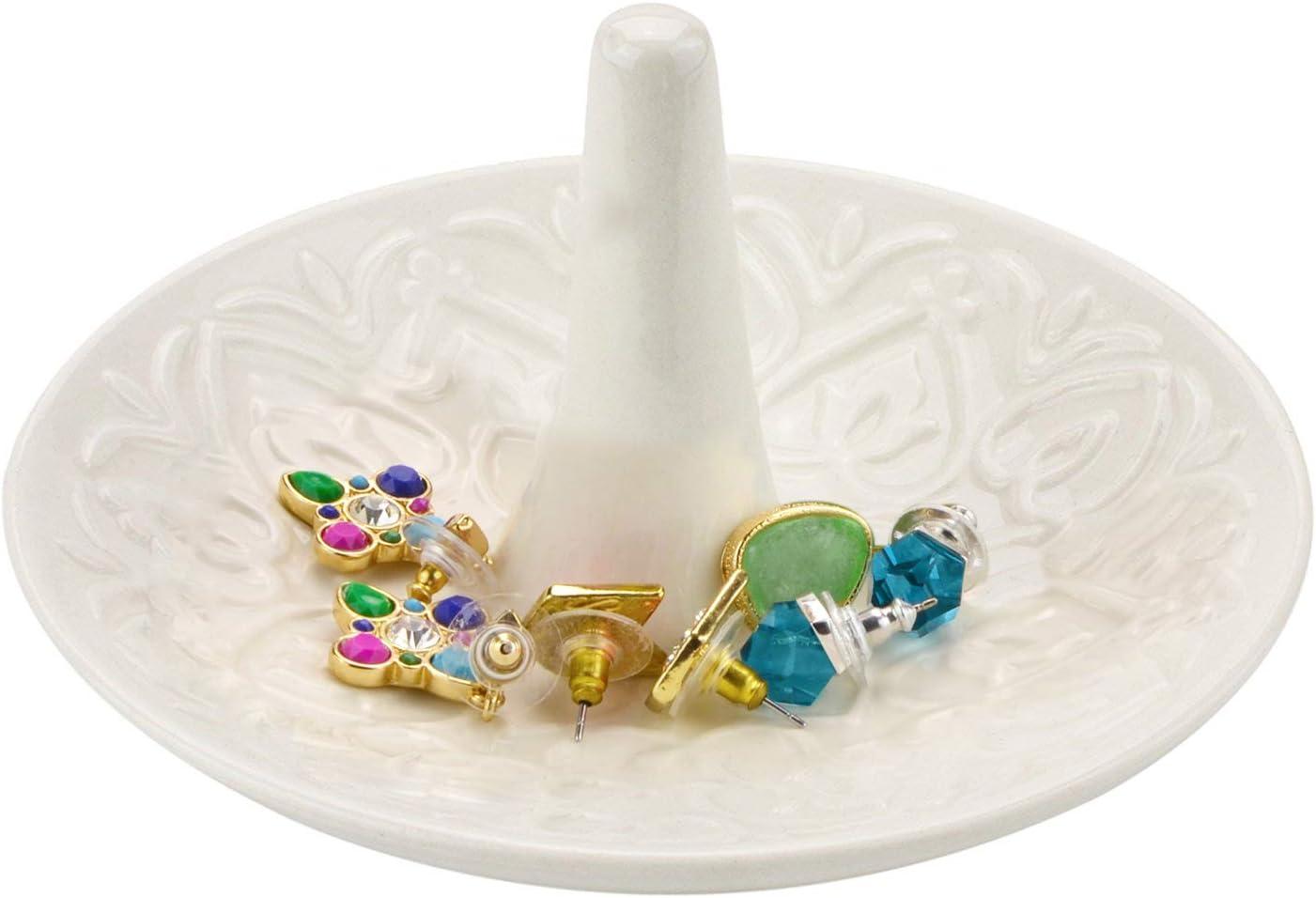 imageMyGift White Ceramic Ring Dish Holder Jewelry Engagement Ring Holder Trinket Tray with Gold TrimWhite