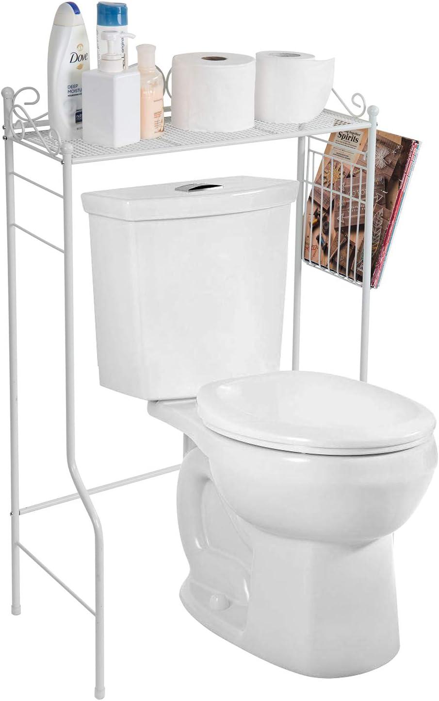 imageMyGift White Metal Over The Toilet Standing Shelf with Vintage Scrollwork Accents and Magazine Basket Freestanding Bathroom Space Saver Organizer RackWhite