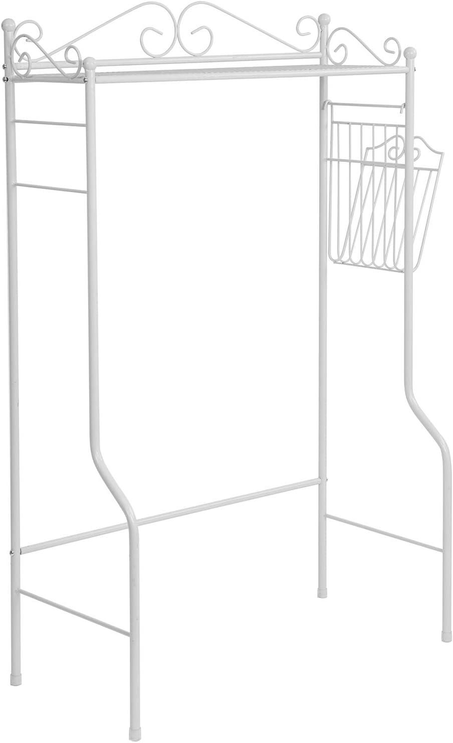 imageMyGift White Metal Over The Toilet Standing Shelf with Vintage Scrollwork Accents and Magazine Basket Freestanding Bathroom Space Saver Organizer RackWhite